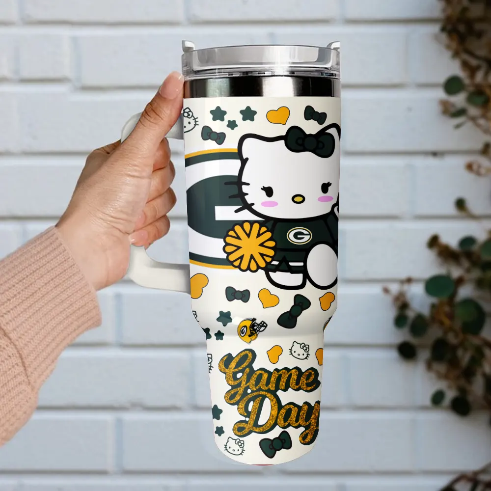 Green Bay Packers x Hello Kitty Custom Stanley Quencher 40oz Stainless Steel Tumbler With Handle