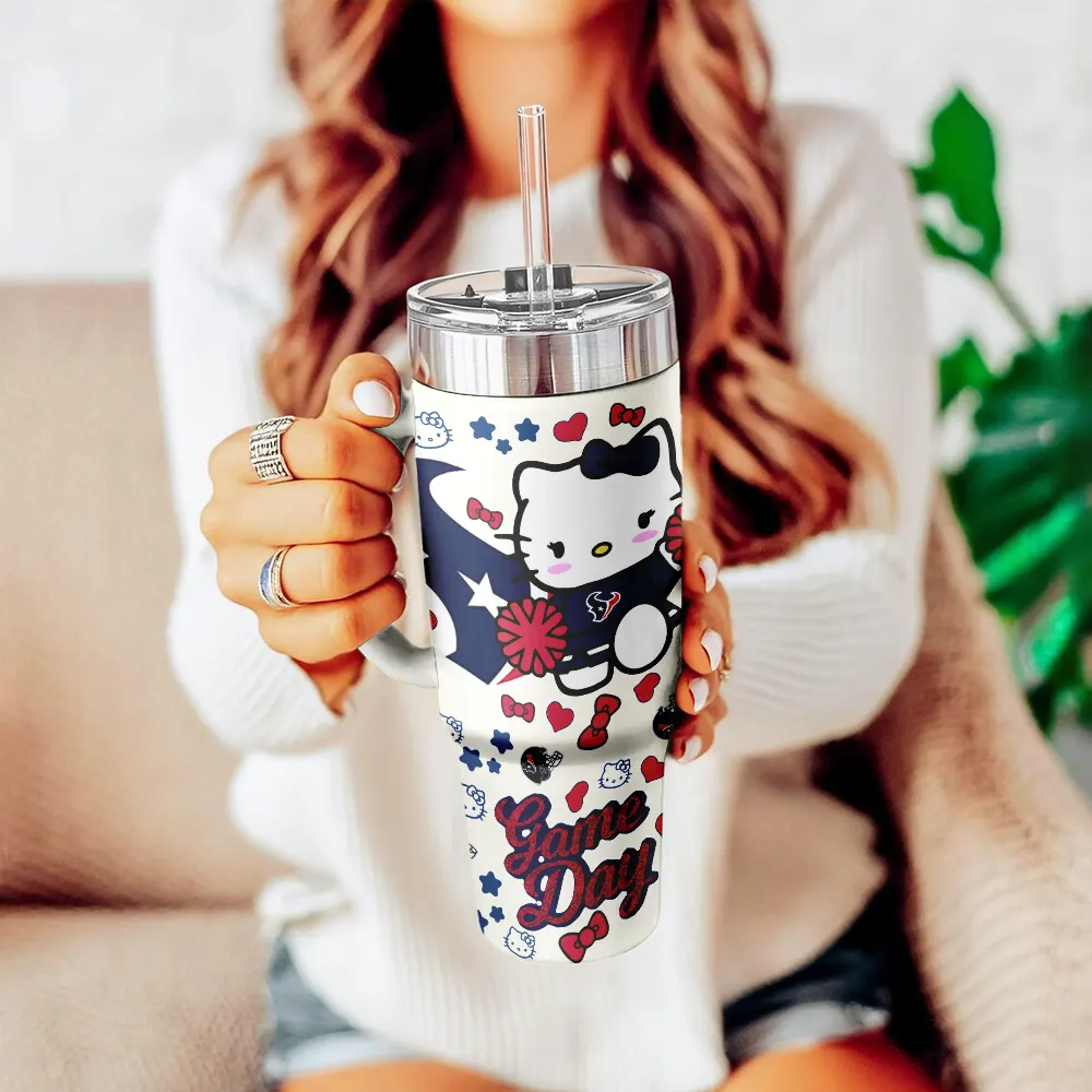 Houston Texans x Hello Kitty Custom Stanley Quencher 40oz Stainless Steel Tumbler With Handle