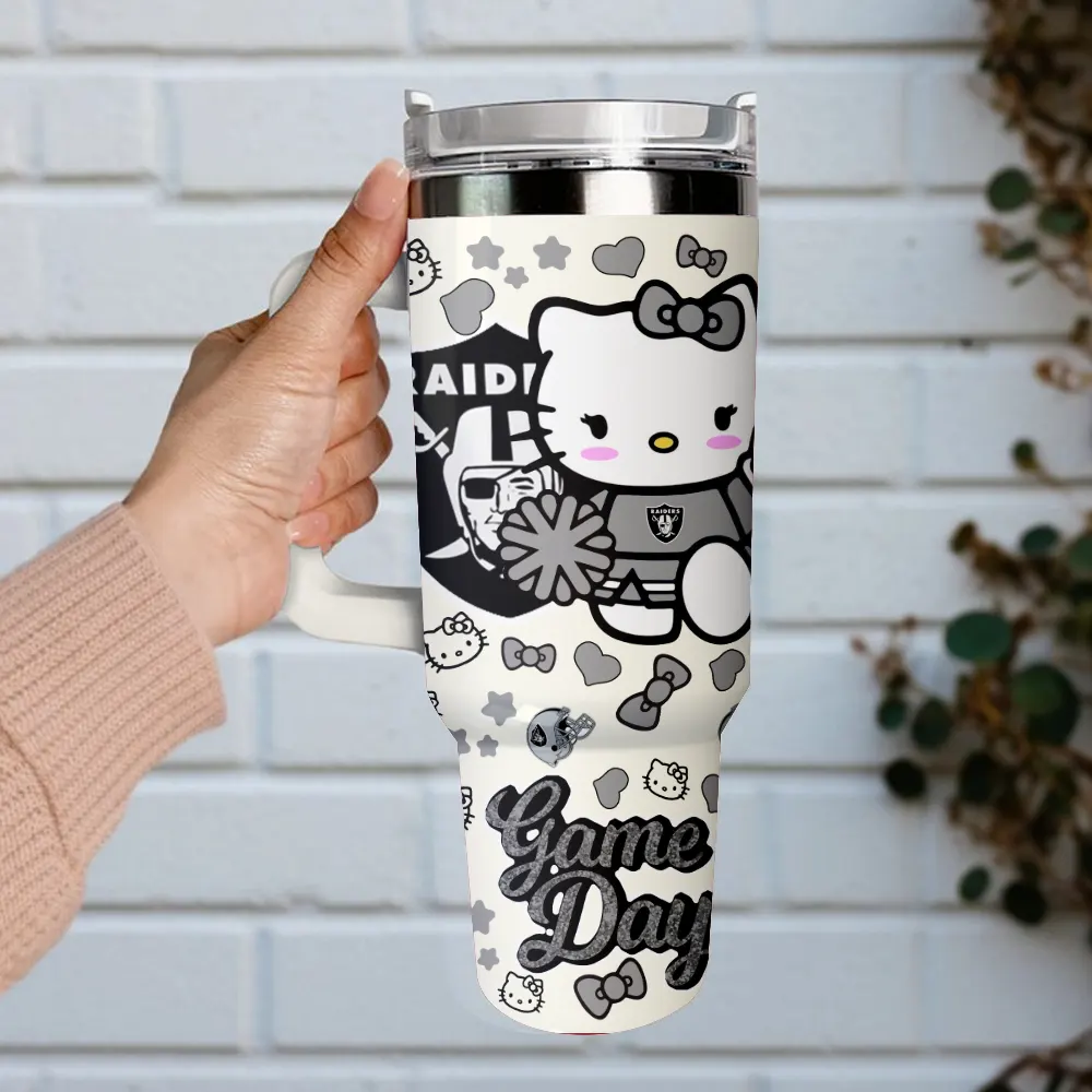 Las Vegas Raiders x Hello Kitty Custom Stanley Quencher 40oz Stainless Steel Tumbler With Handle