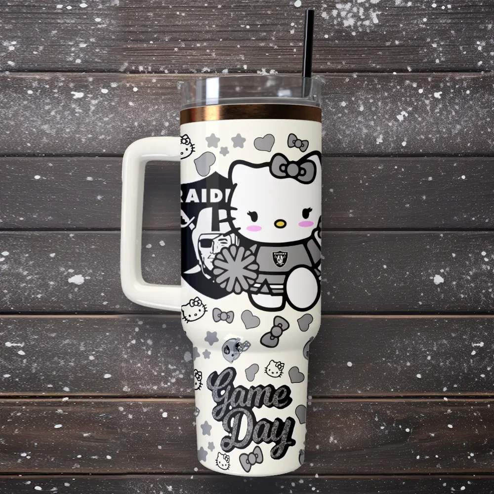 Las Vegas Raiders x Hello Kitty Custom Stanley Quencher 40oz Stainless Steel Tumbler With Handle