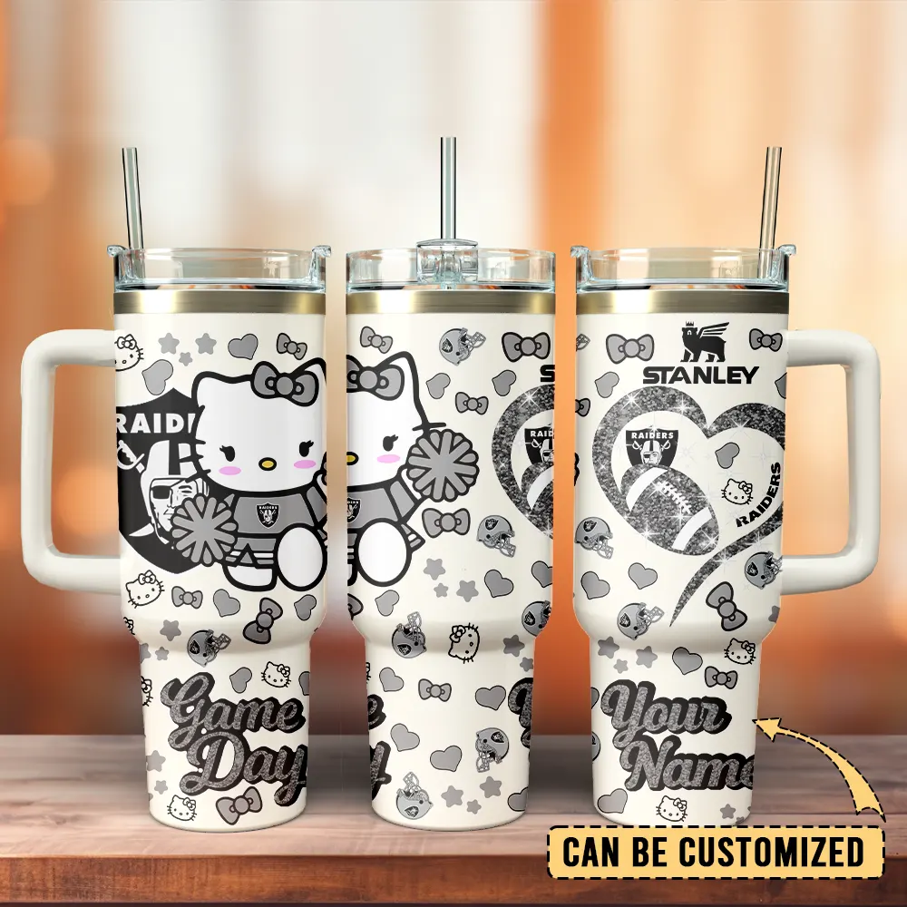 Las Vegas Raiders x Hello Kitty Custom Stanley Quencher 40oz Stainless Steel Tumbler With Handle