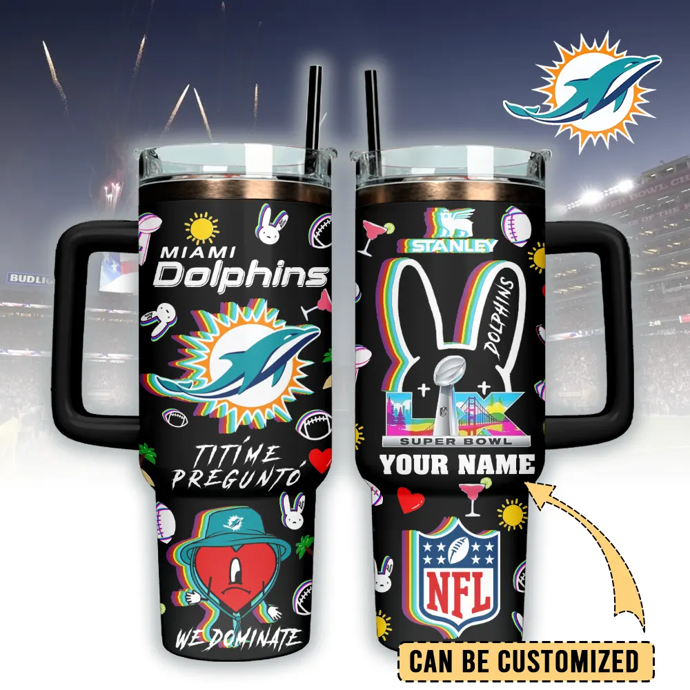 Miami Dolphins NFL x Bad Bunny Custom Stanley Quencher 40oz Stainless Steel Tumbler With Handle