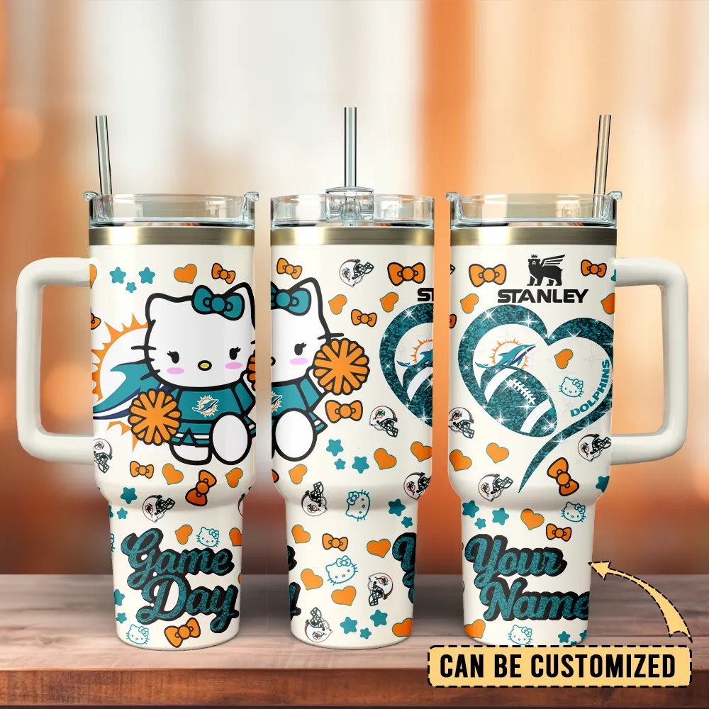 Miami Dolphins x Hello Kitty Custom Stanley Quencher 40oz Stainless Steel Tumbler With Handle