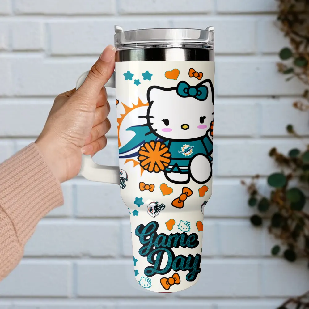 Miami Dolphins x Hello Kitty Custom Stanley Quencher 40oz Stainless Steel Tumbler With Handle