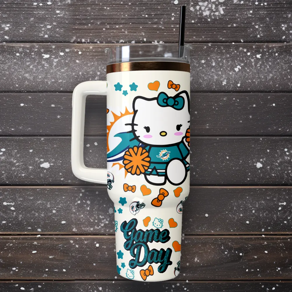 Miami Dolphins x Hello Kitty Custom Stanley Quencher 40oz Stainless Steel Tumbler With Handle