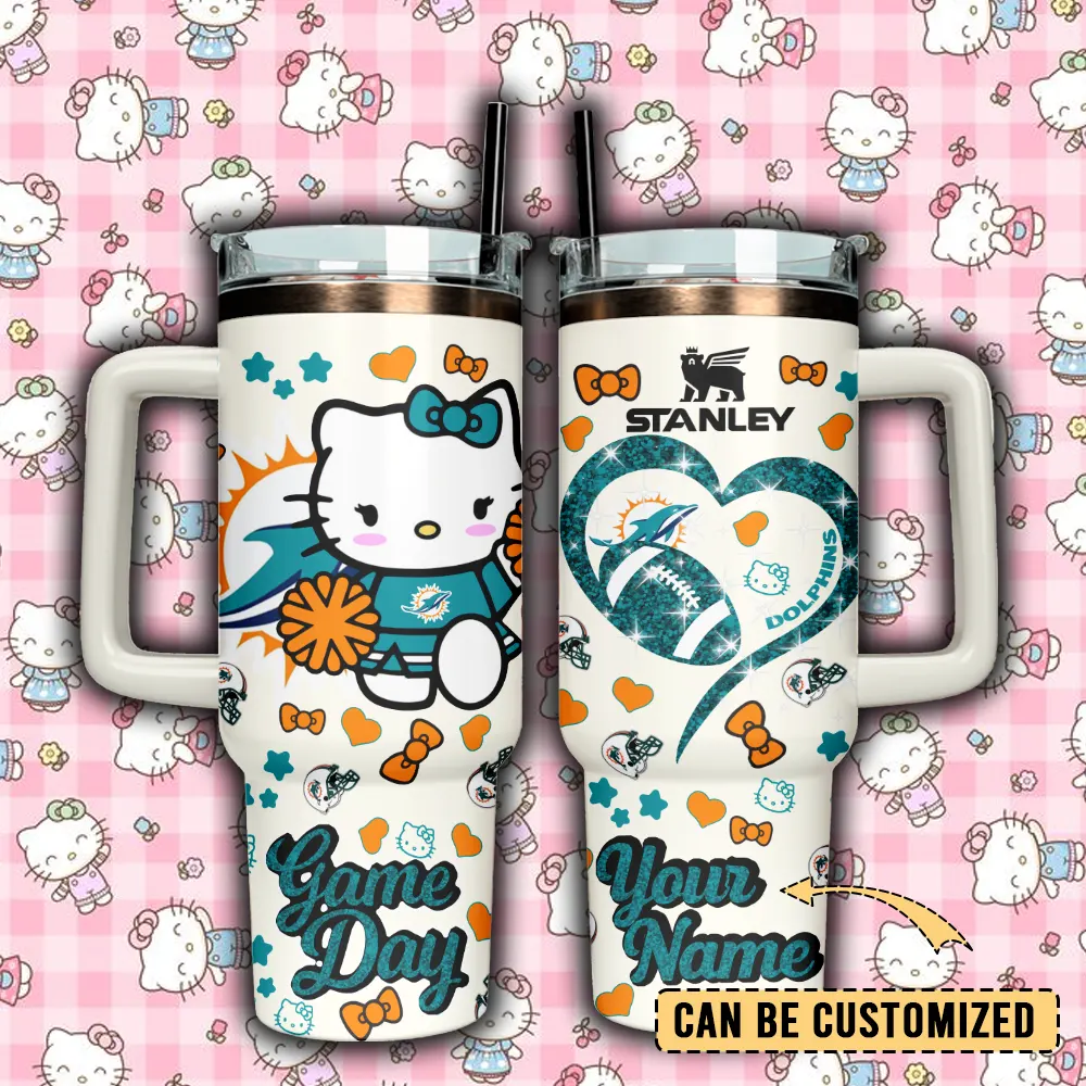 Miami Dolphins x Hello Kitty Custom Stanley Quencher 40oz Stainless Steel Tumbler With Handle