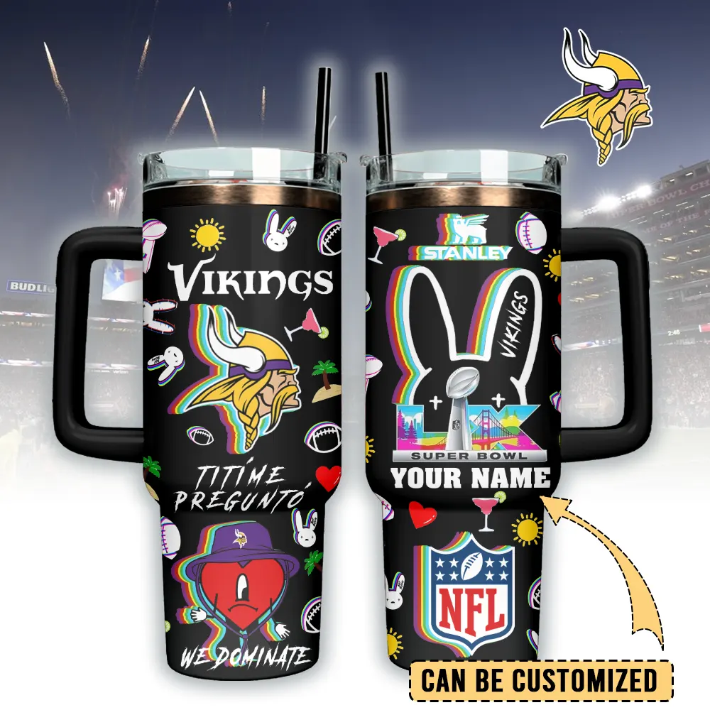 Minnesota Vikings NFL x Bad Bunny Custom Stanley Quencher 40oz Stainless Steel Tumbler With Handle