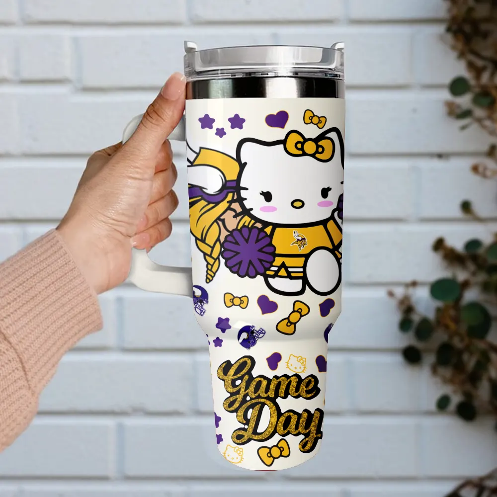 Minnesota Vikings x Hello Kitty Custom Stanley Quencher 40oz Stainless Steel Tumbler With Handle