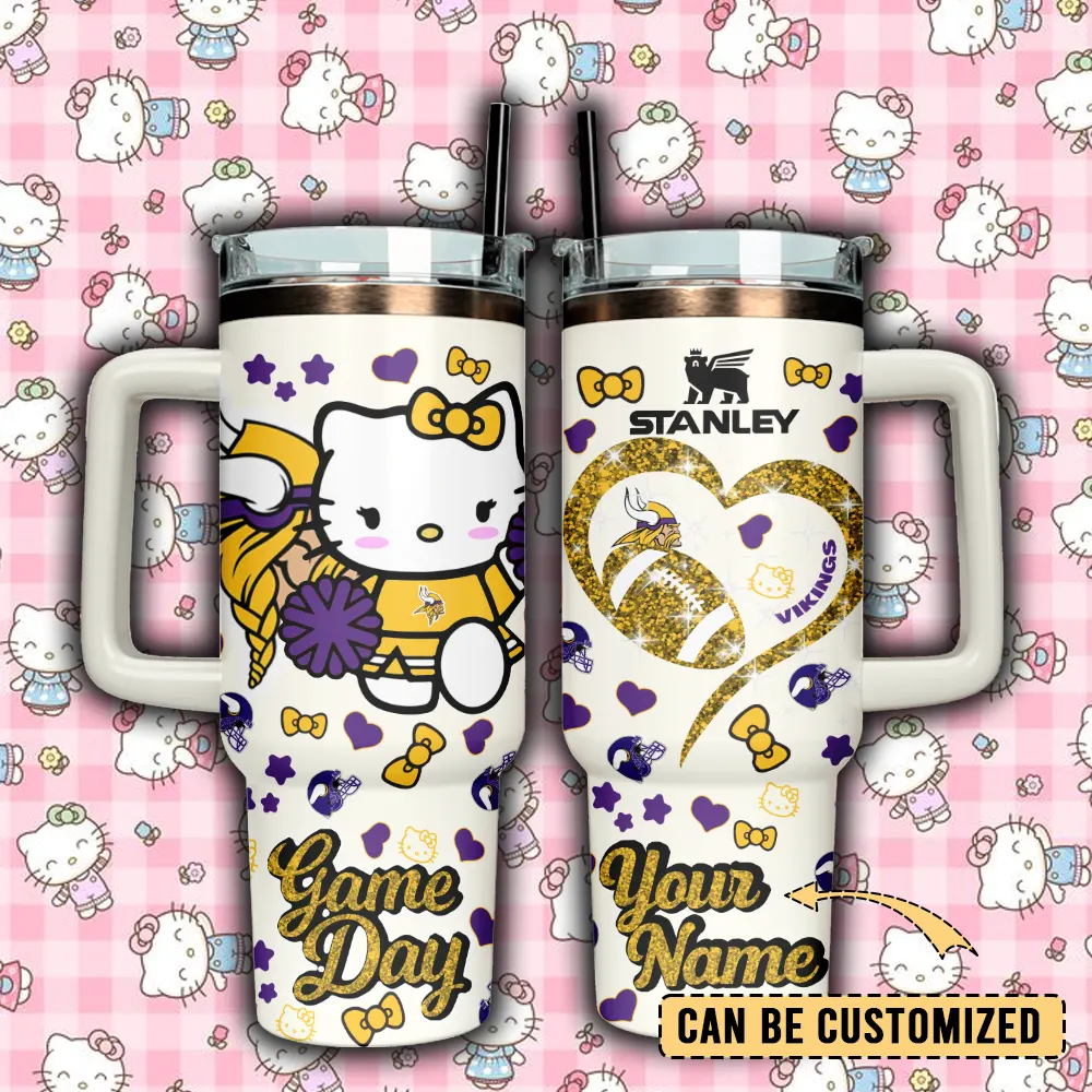 Minnesota Vikings x Hello Kitty Custom Stanley Quencher 40oz Stainless Steel Tumbler With Handle