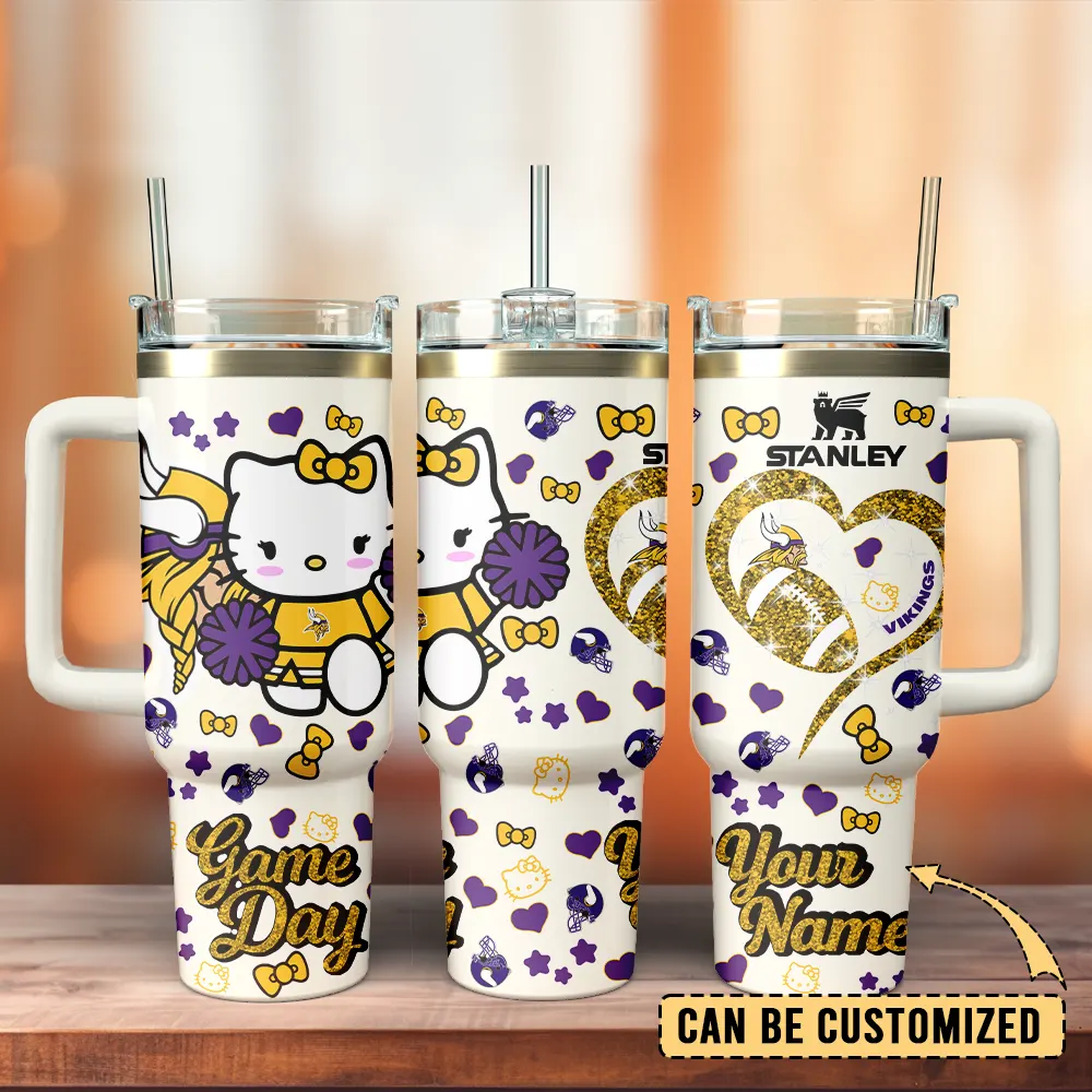 Minnesota Vikings x Hello Kitty Custom Stanley Quencher 40oz Stainless Steel Tumbler With Handle