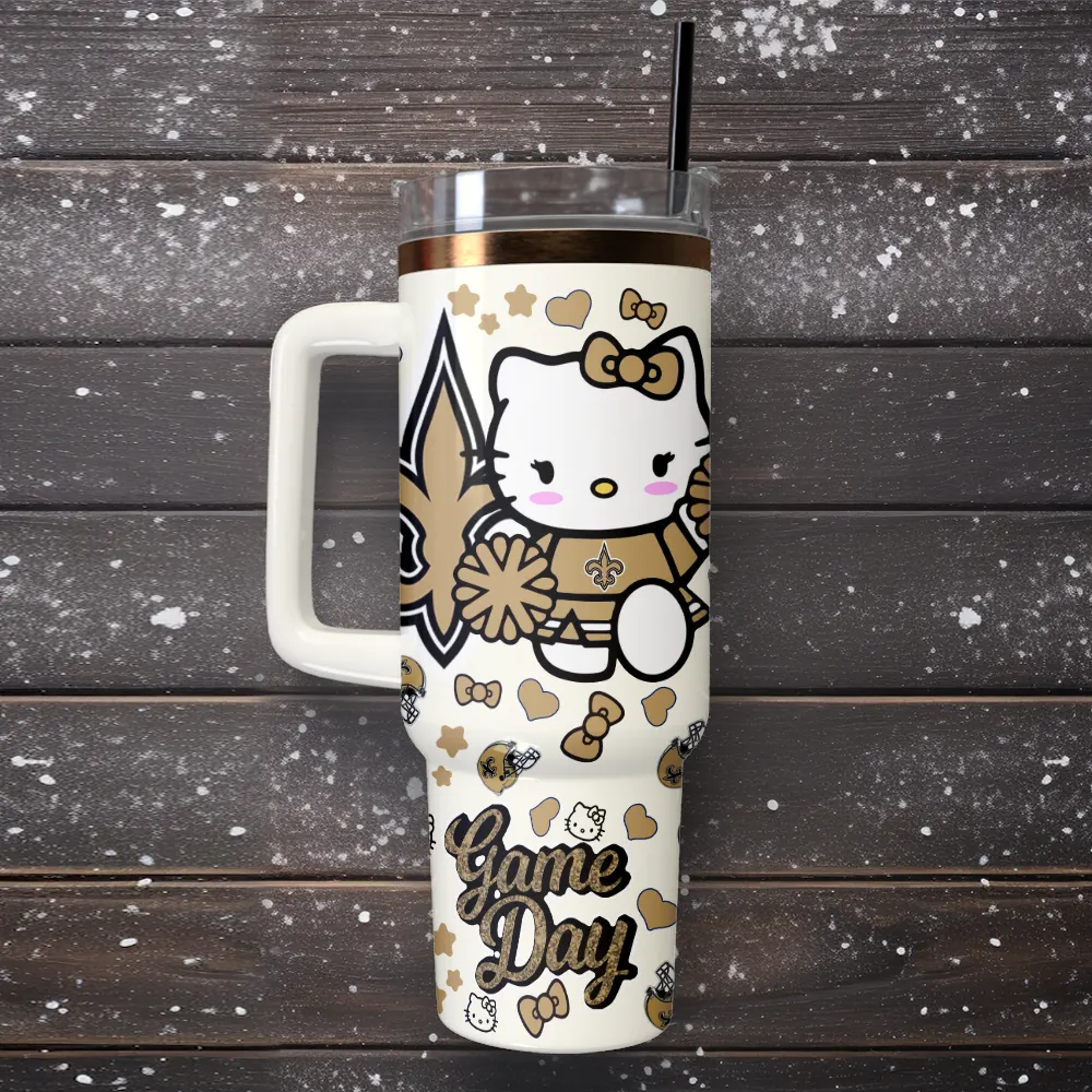 New Orleans Saints x Hello Kitty Custom Stanley Quencher 40oz Stainless Steel Tumbler With Handle