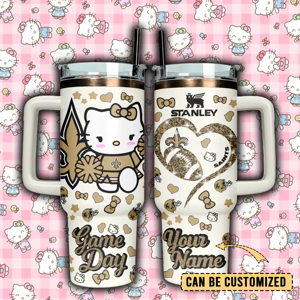 New Orleans Saints x Hello Kitty Custom Stanley Quencher 40oz Stainless Steel Tumbler With Handle