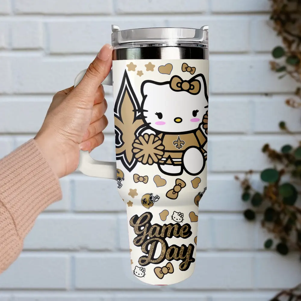 New Orleans Saints x Hello Kitty Custom Stanley Quencher 40oz Stainless Steel Tumbler With Handle