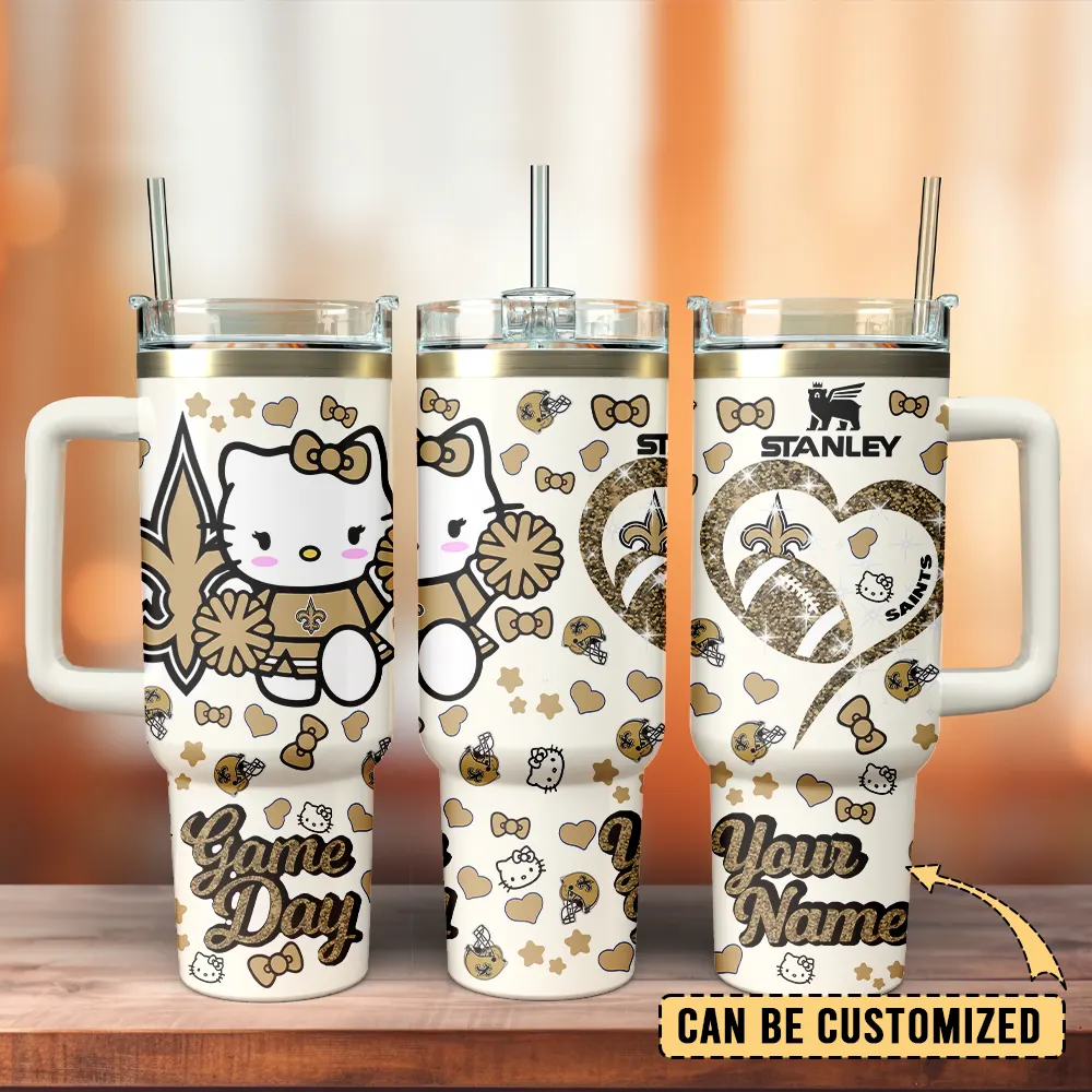 New Orleans Saints x Hello Kitty Custom Stanley Quencher 40oz Stainless Steel Tumbler With Handle