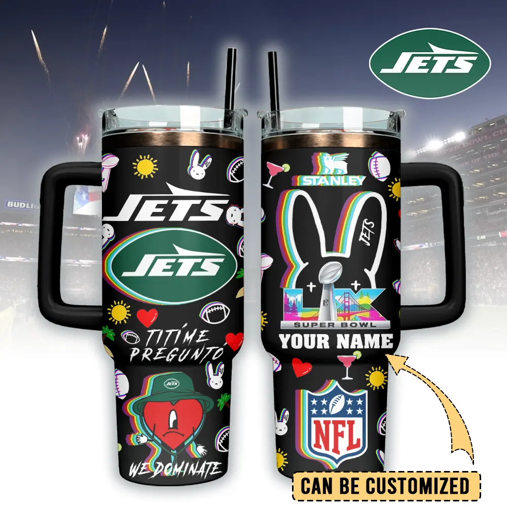 New York Jets NFL x Bad Bunny Custom Stanley Quencher 40oz Stainless Steel Tumbler With Handle