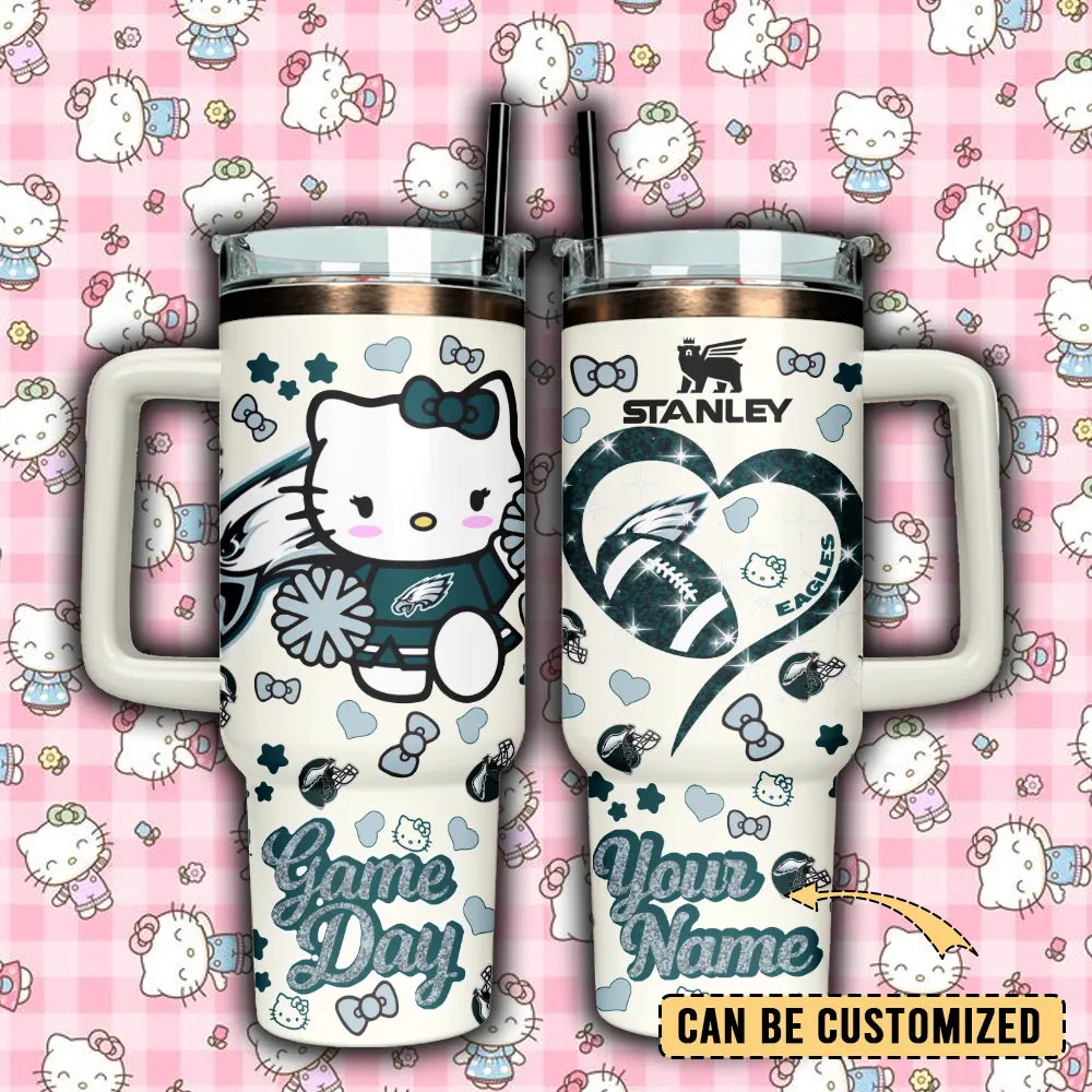 Philadelphia Eagles x Hello Kitty Custom Stanley Quencher 40oz Stainless Steel Tumbler With Handle
