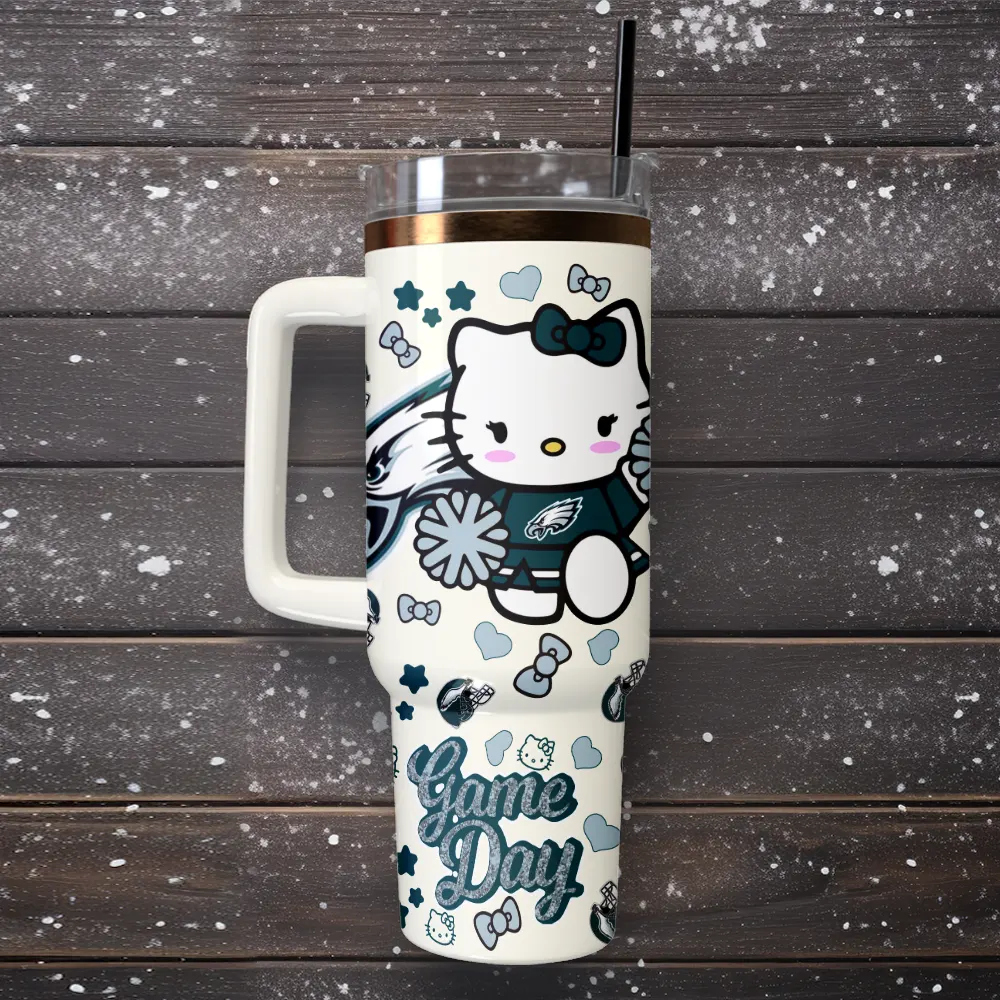 Philadelphia Eagles x Hello Kitty Custom Stanley Quencher 40oz Stainless Steel Tumbler With Handle