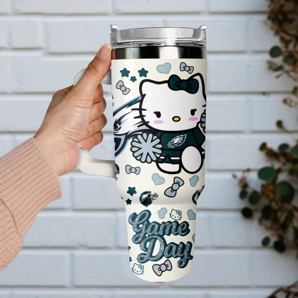 Philadelphia Eagles x Hello Kitty Custom Stanley Quencher 40oz Stainless Steel Tumbler With Handle