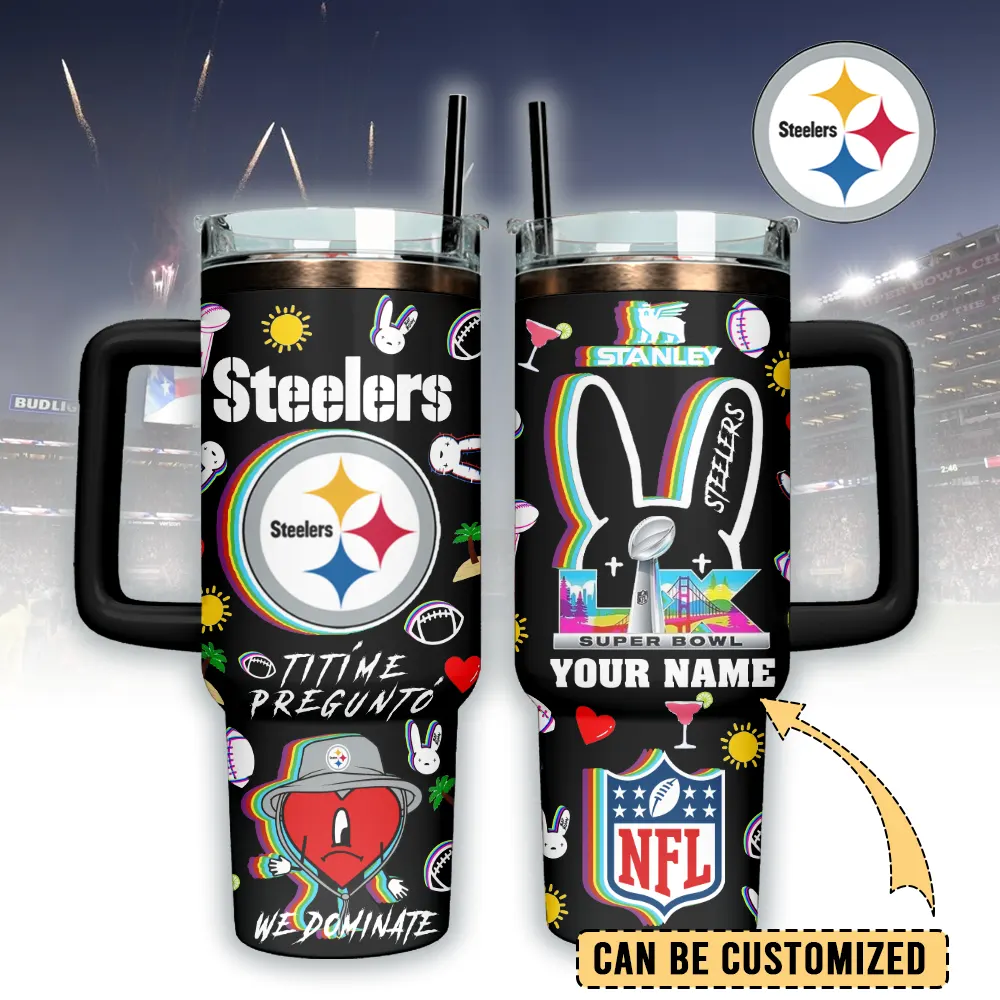 Pittsburgh Steelers NFL x Bad Bunny Custom Stanley Quencher 40oz Stainless Steel Tumbler With Handle