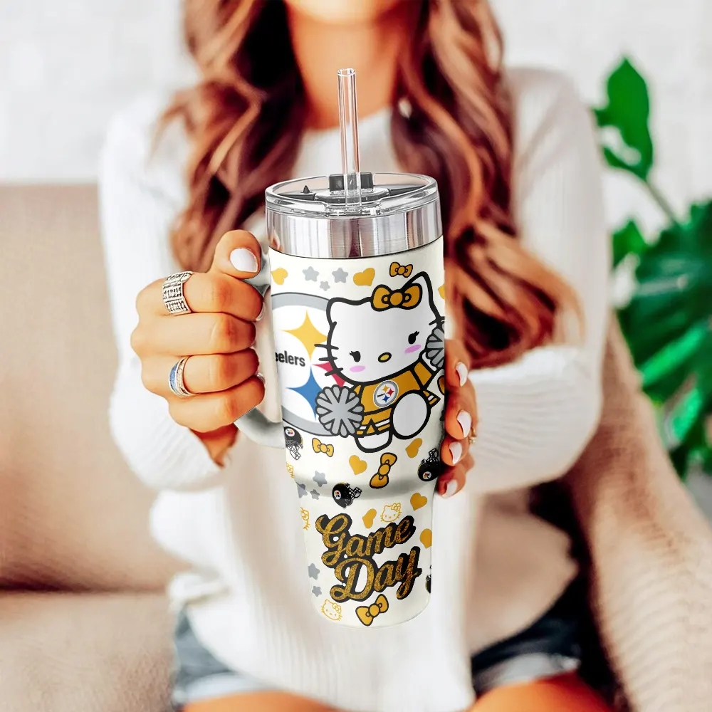 Pittsburgh Steelers x Hello Kitty Custom Stanley Quencher 40oz Stainless Steel Tumbler With Handle