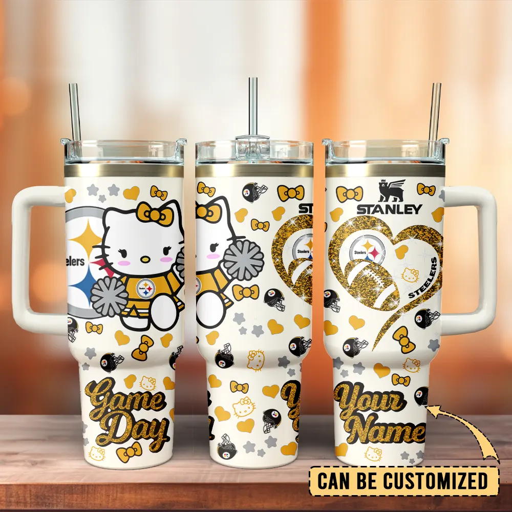 Pittsburgh Steelers x Hello Kitty Custom Stanley Quencher 40oz Stainless Steel Tumbler With Handle