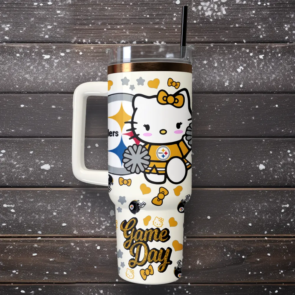 Pittsburgh Steelers x Hello Kitty Custom Stanley Quencher 40oz Stainless Steel Tumbler With Handle