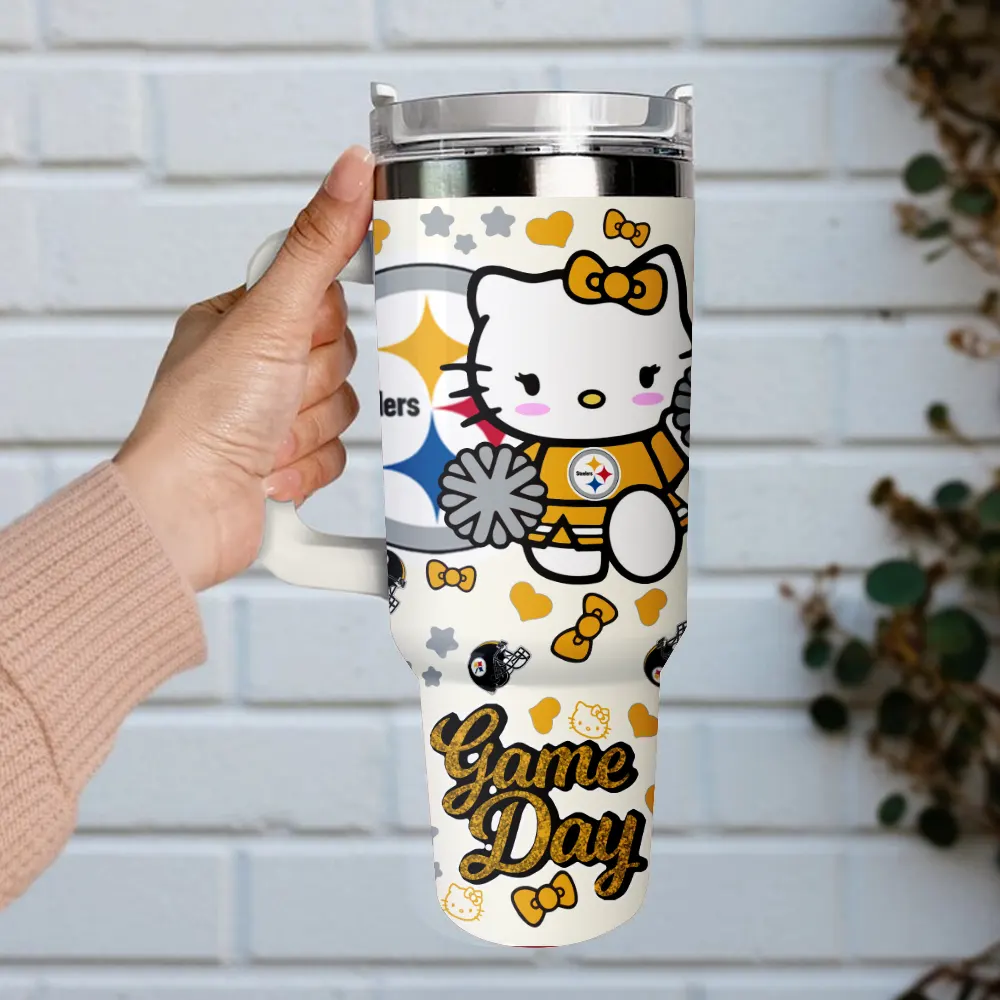 Pittsburgh Steelers x Hello Kitty Custom Stanley Quencher 40oz Stainless Steel Tumbler With Handle