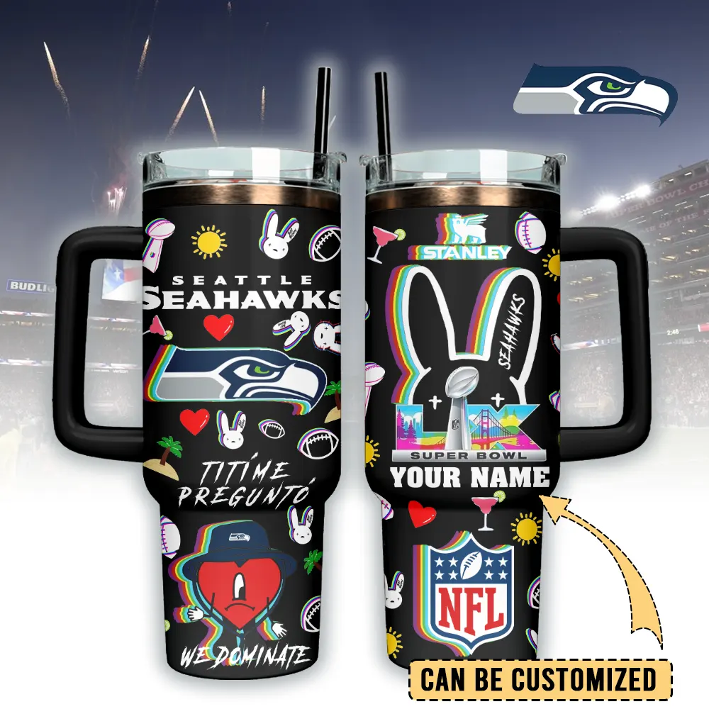 Seattle Seahawks NFL x Bad Bunny Custom Stanley Quencher 40oz Stainless Steel Tumbler With Handle
