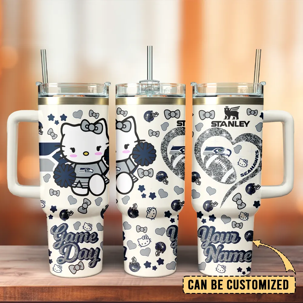 Seattle Seahawks x Hello Kitty Custom Stanley Quencher 40oz Stainless Steel Tumbler With Handle
