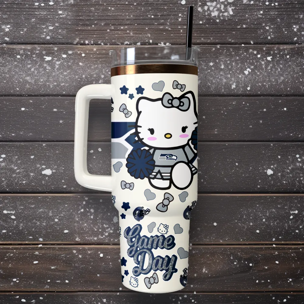 Seattle Seahawks x Hello Kitty Custom Stanley Quencher 40oz Stainless Steel Tumbler With Handle