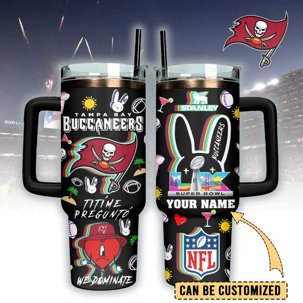 Tampa Bay Buccaneers NFL x Bad Bunny Custom Stanley Quencher 40oz Stainless Steel Tumbler With Handle