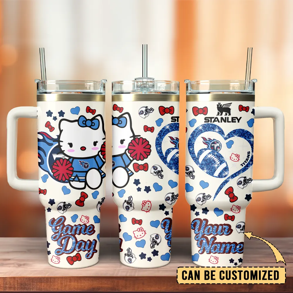 Tennessee Titans x Hello Kitty Custom Stanley Quencher 40oz Stainless Steel Tumbler With Handle