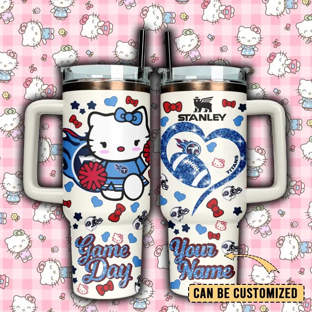 Tennessee Titans x Hello Kitty Custom Stanley Quencher 40oz Stainless Steel Tumbler With Handle