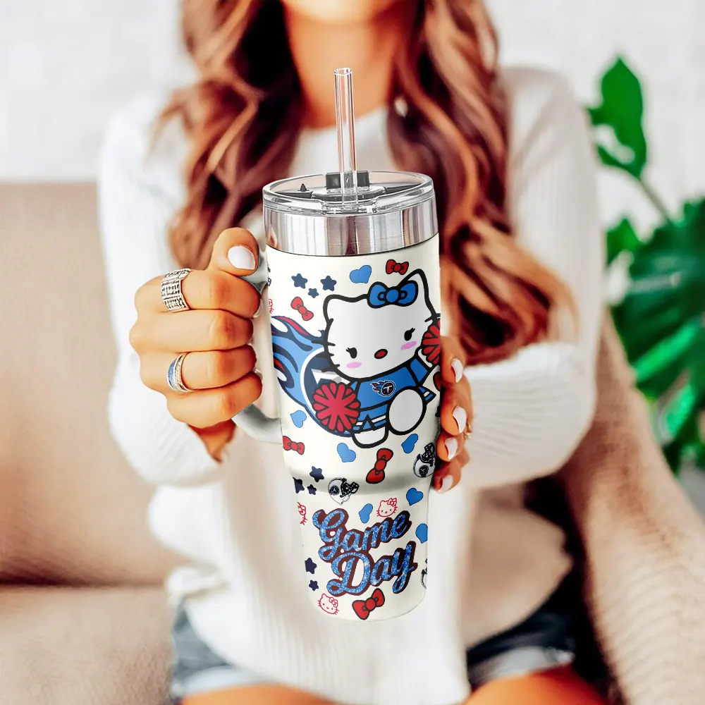 Tennessee Titans x Hello Kitty Custom Stanley Quencher 40oz Stainless Steel Tumbler With Handle