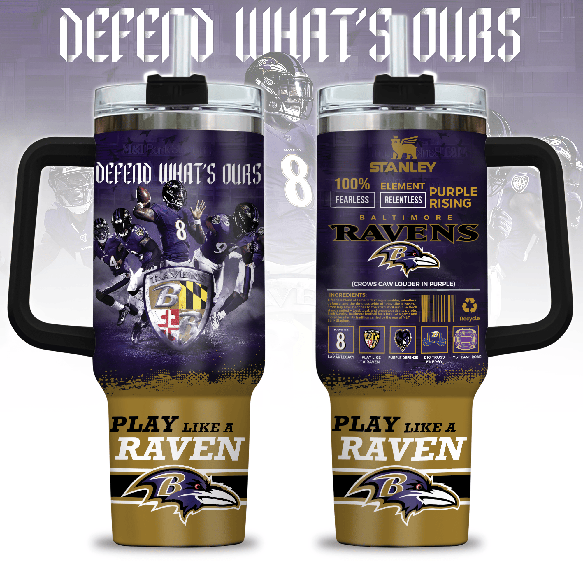 Baltimore Ravens NFL Custom Stanley Quencher 40oz Stainless Steel Tumbler With Handle