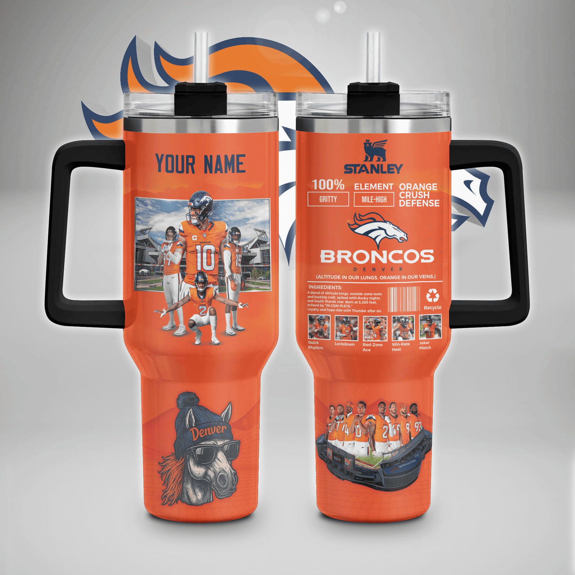 Denver Broncos NFL Custom Stanley Quencher 40oz Stainless Steel Tumbler With Handle