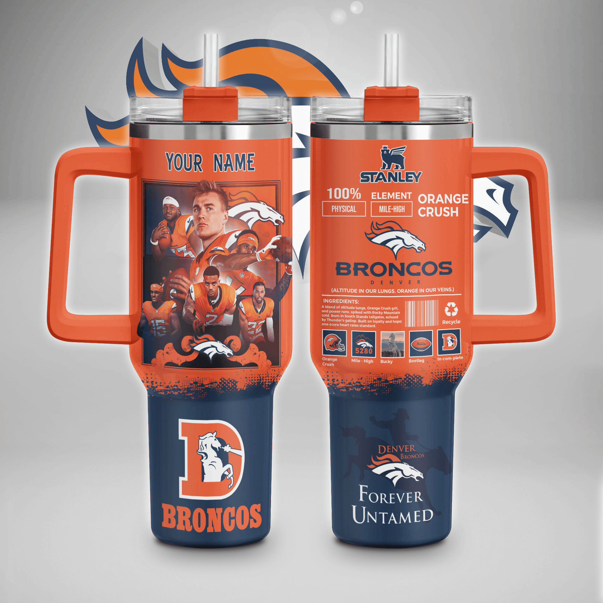 Denver Broncos NFL Custom Stanley Quencher 40oz Stainless Steel Tumbler With Handle