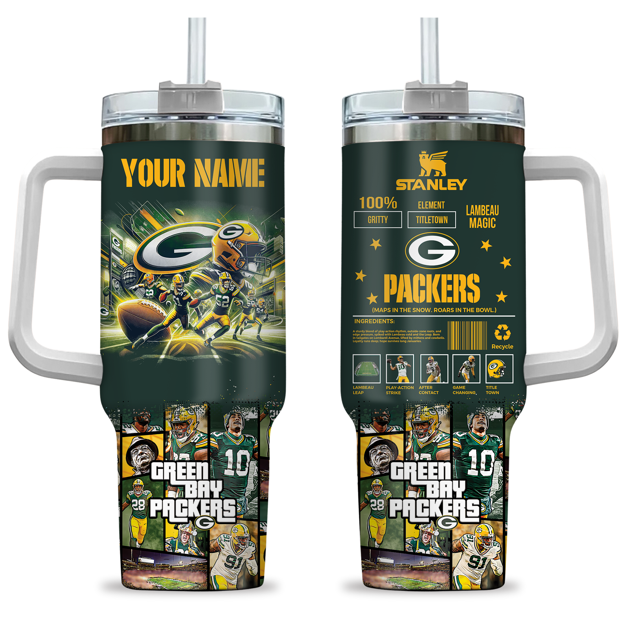 Green Bay Packers NFL Custom Stanley Quencher 40oz Stainless Steel Tumbler With Handle