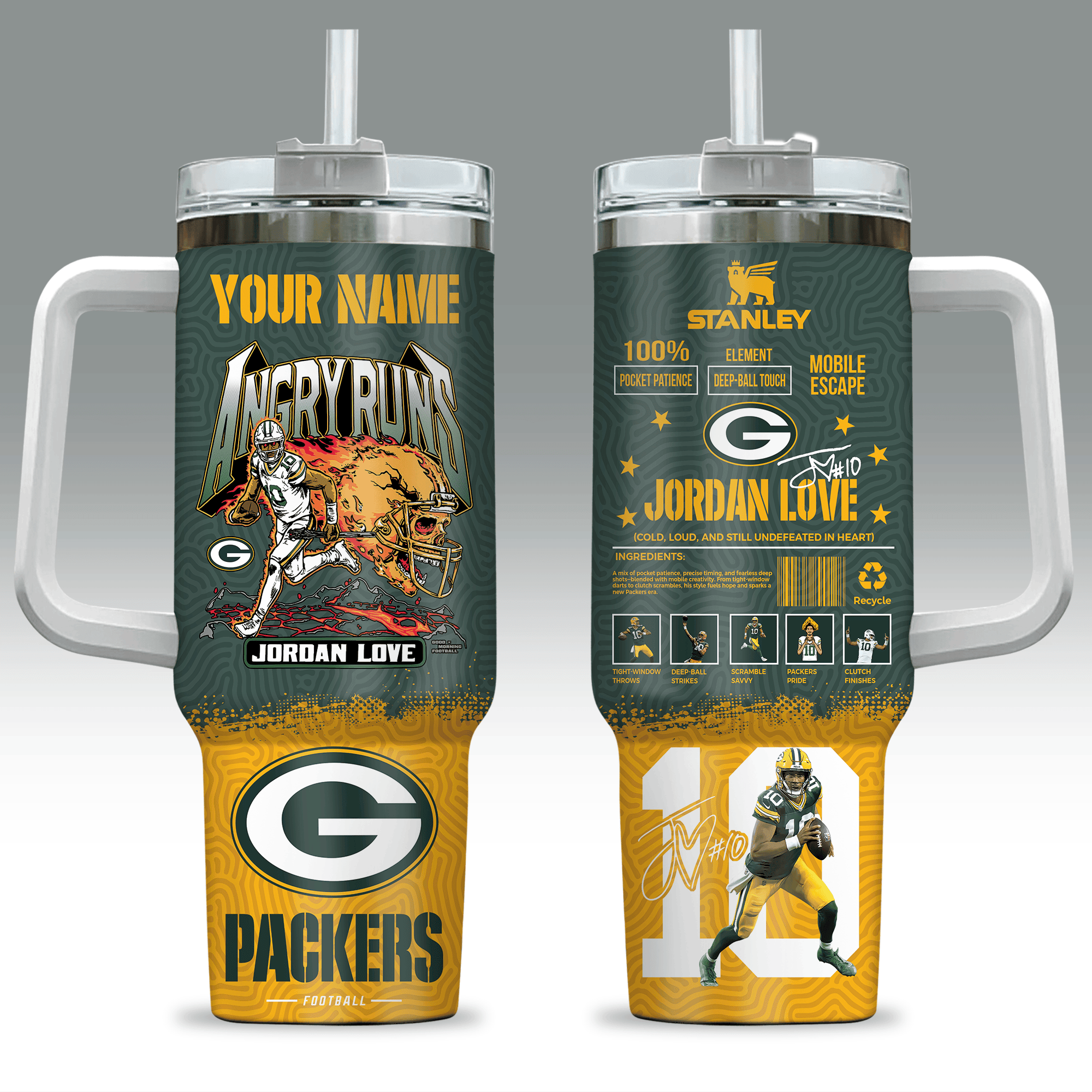 Green Bay Packers NFL Custom Stanley Quencher 40oz Stainless Steel Tumbler With Handle