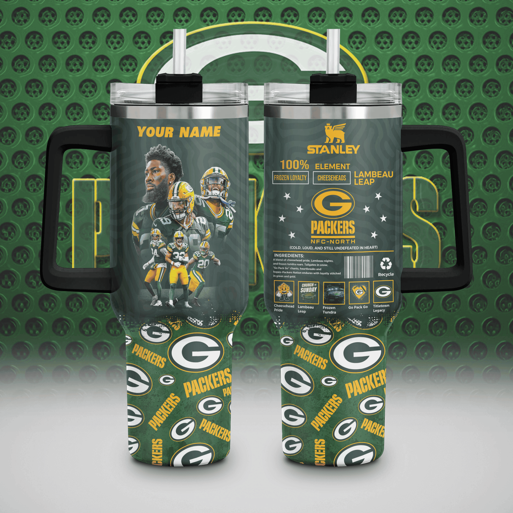 Green Bay Packers NFL Custom Stanley Quencher 40oz Stainless Steel Tumbler With Handle