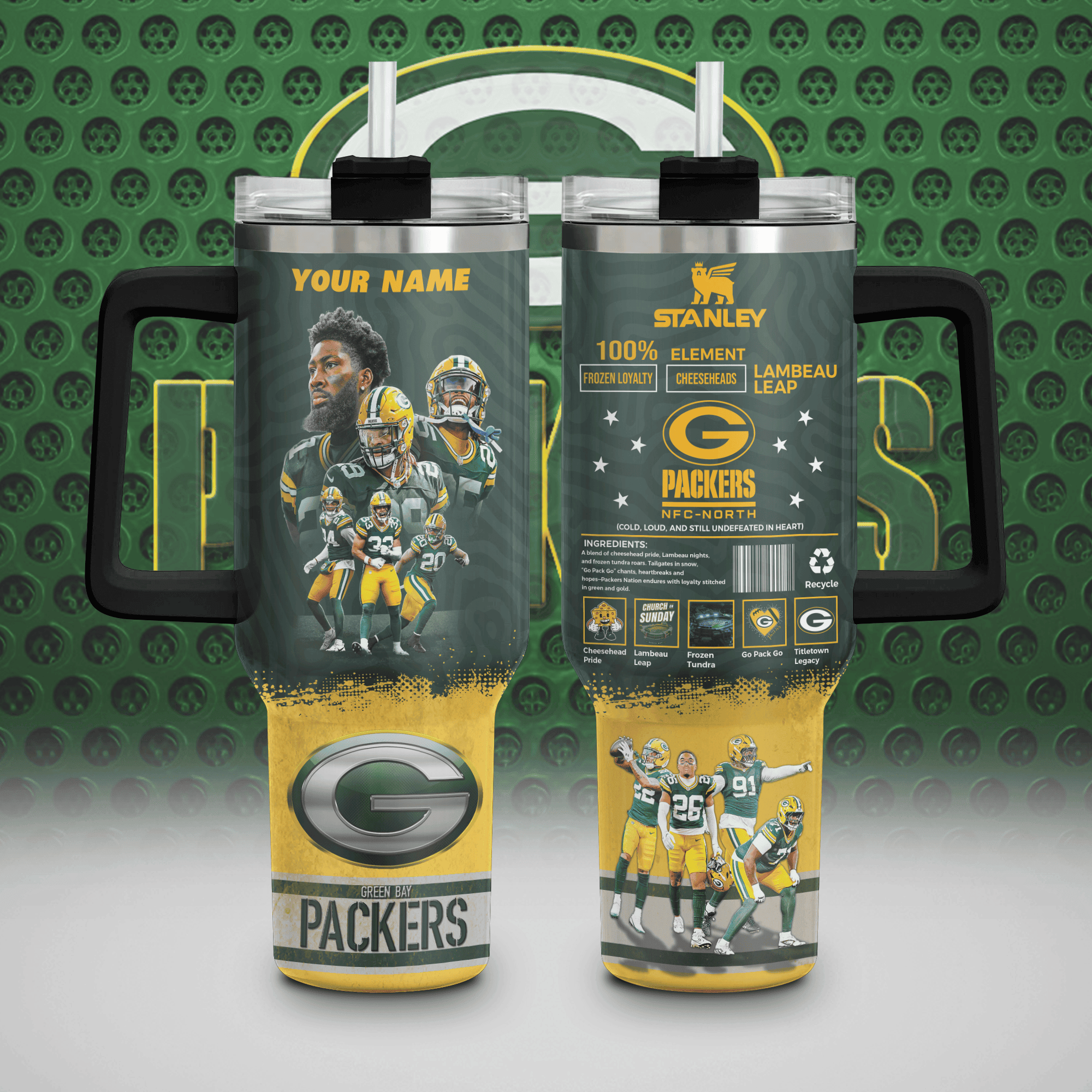 Green Bay Packers NFL Custom Stanley Quencher 40oz Stainless Steel Tumbler With Handle