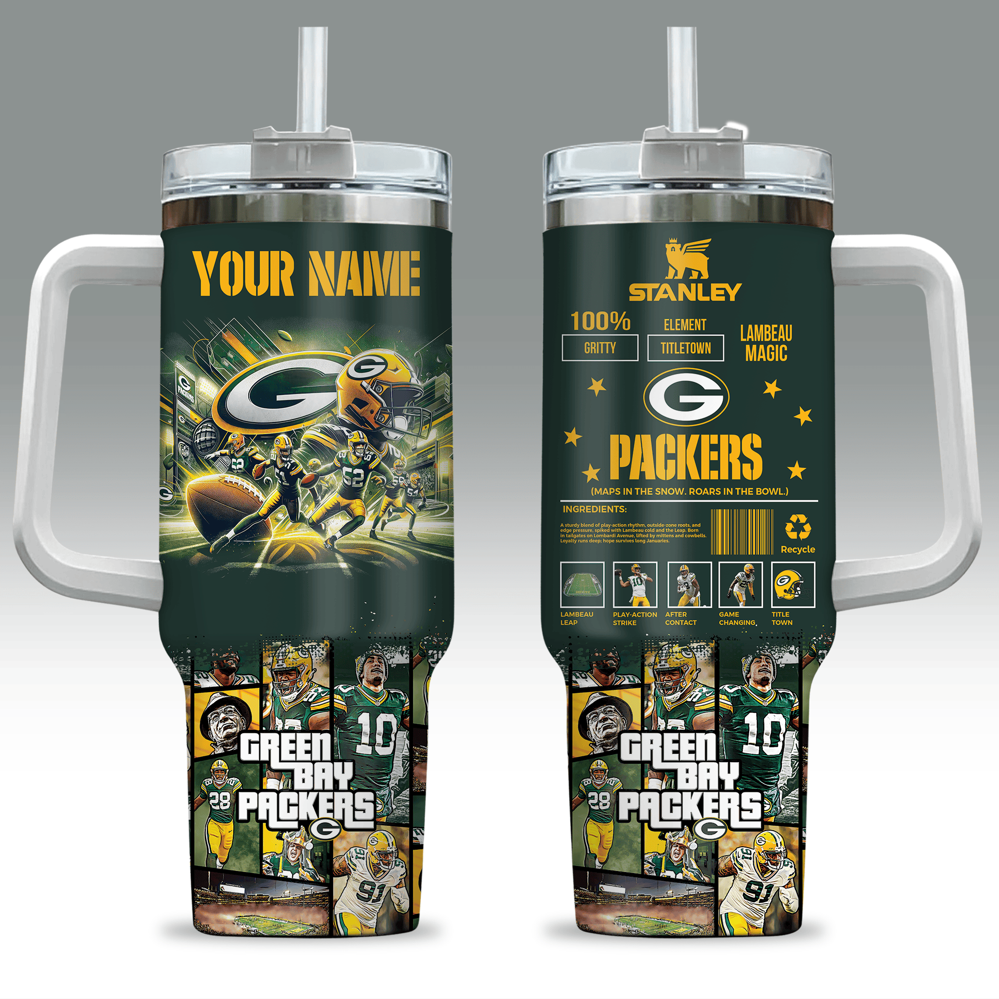 Green Bay Packers NFL Custom Stanley Quencher 40oz Stainless Steel Tumbler With Handle