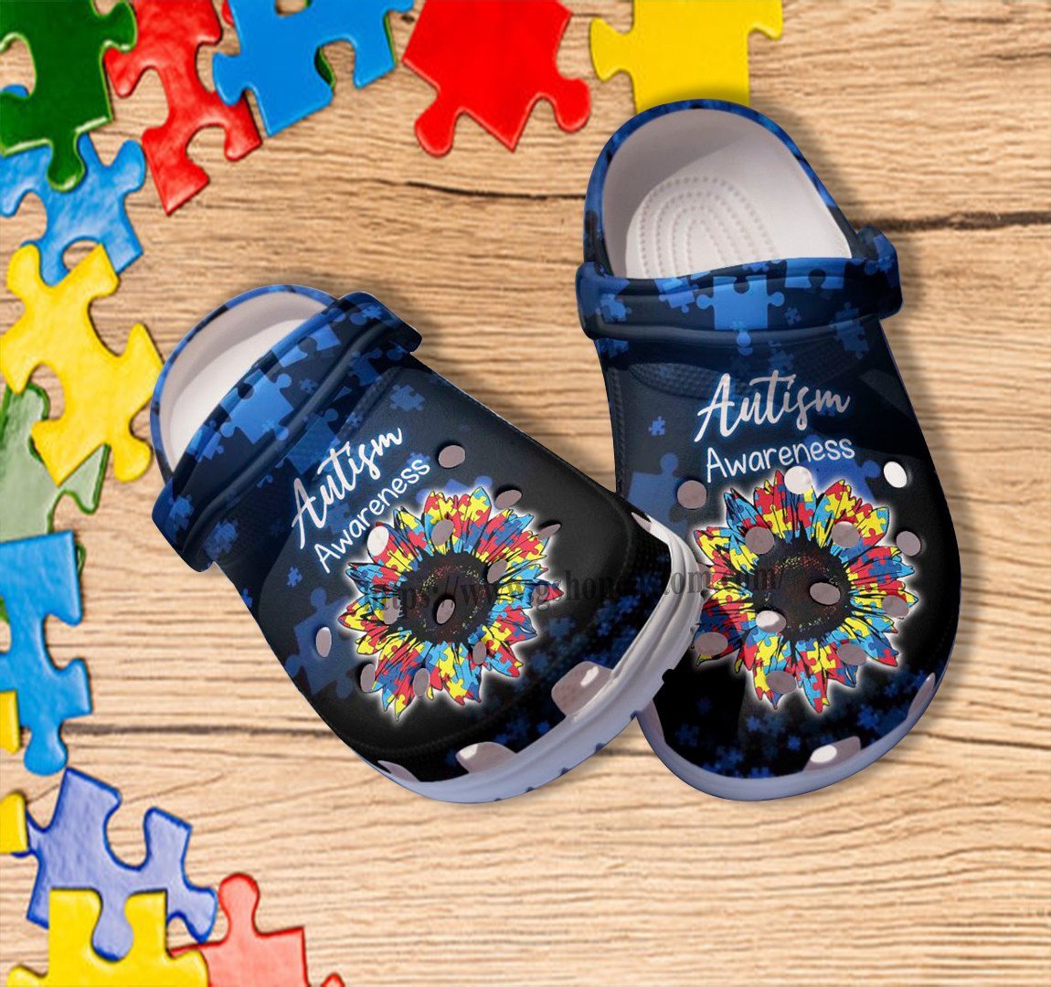Merchidea Autism Blue Sunflower Puzzle Croc Shoes Gift For Aunt- Autism Awareness Blue Shoes Croc Clogs