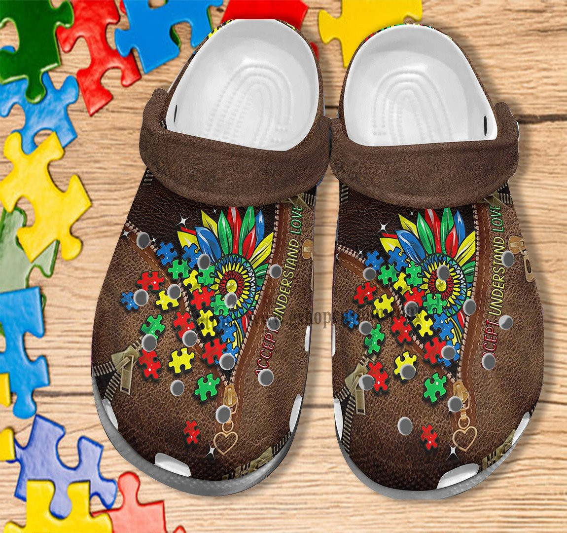 Merchidea Autism Sunflower Leather Shoes - Accept Under Stand Love Autism Shoes Croc Clogs