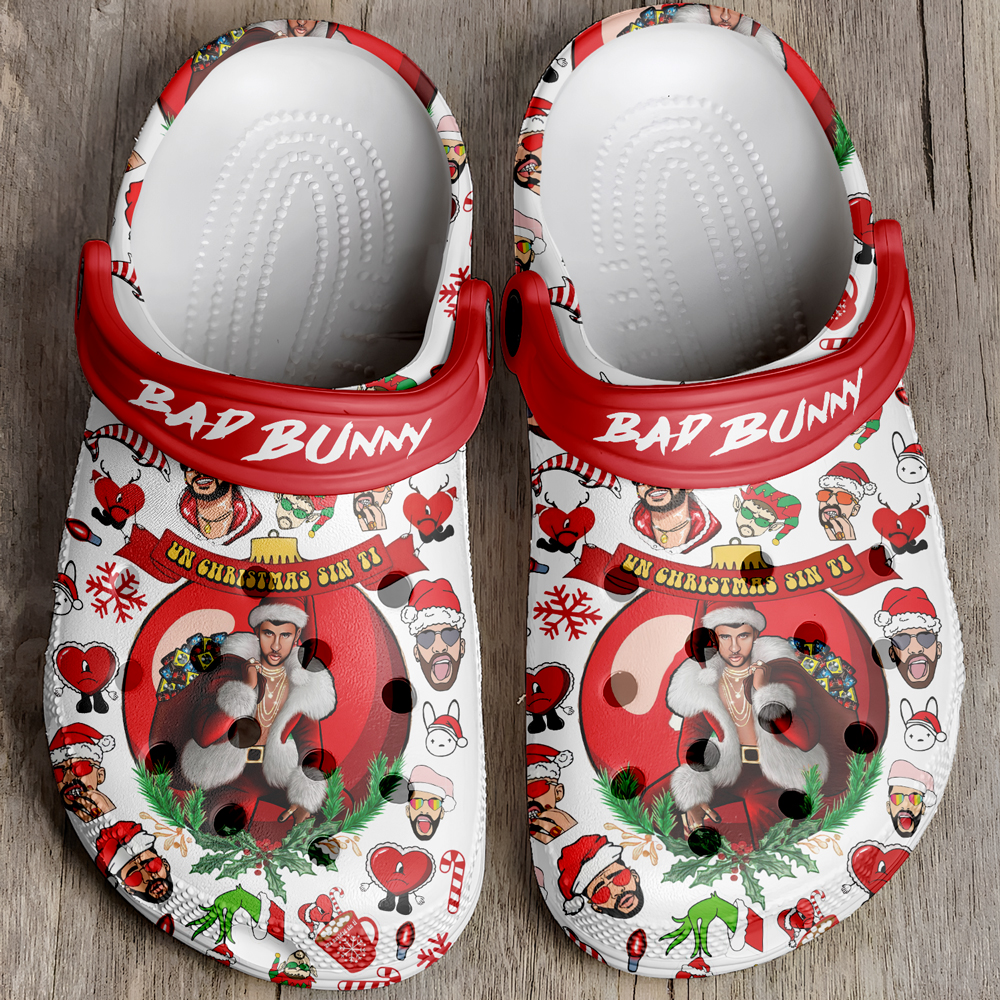 Merchidea Bad Bunny x Christmas Music Crocs Crocband Clogs Shoes Comfortable For Men Women and Kids