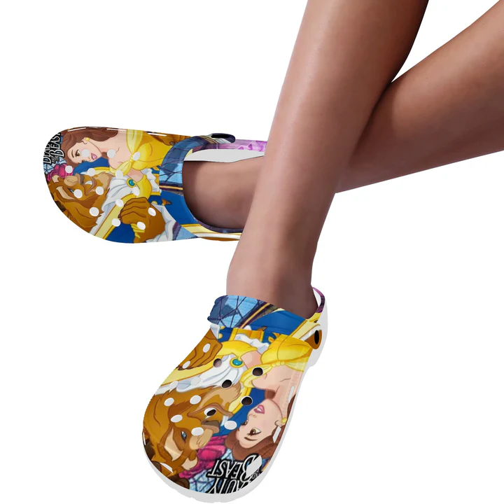 Merchidea Beauty And The Beast Cartoon Crocs Crocband Clogs Shoes Comfortable For Men Women and Kids