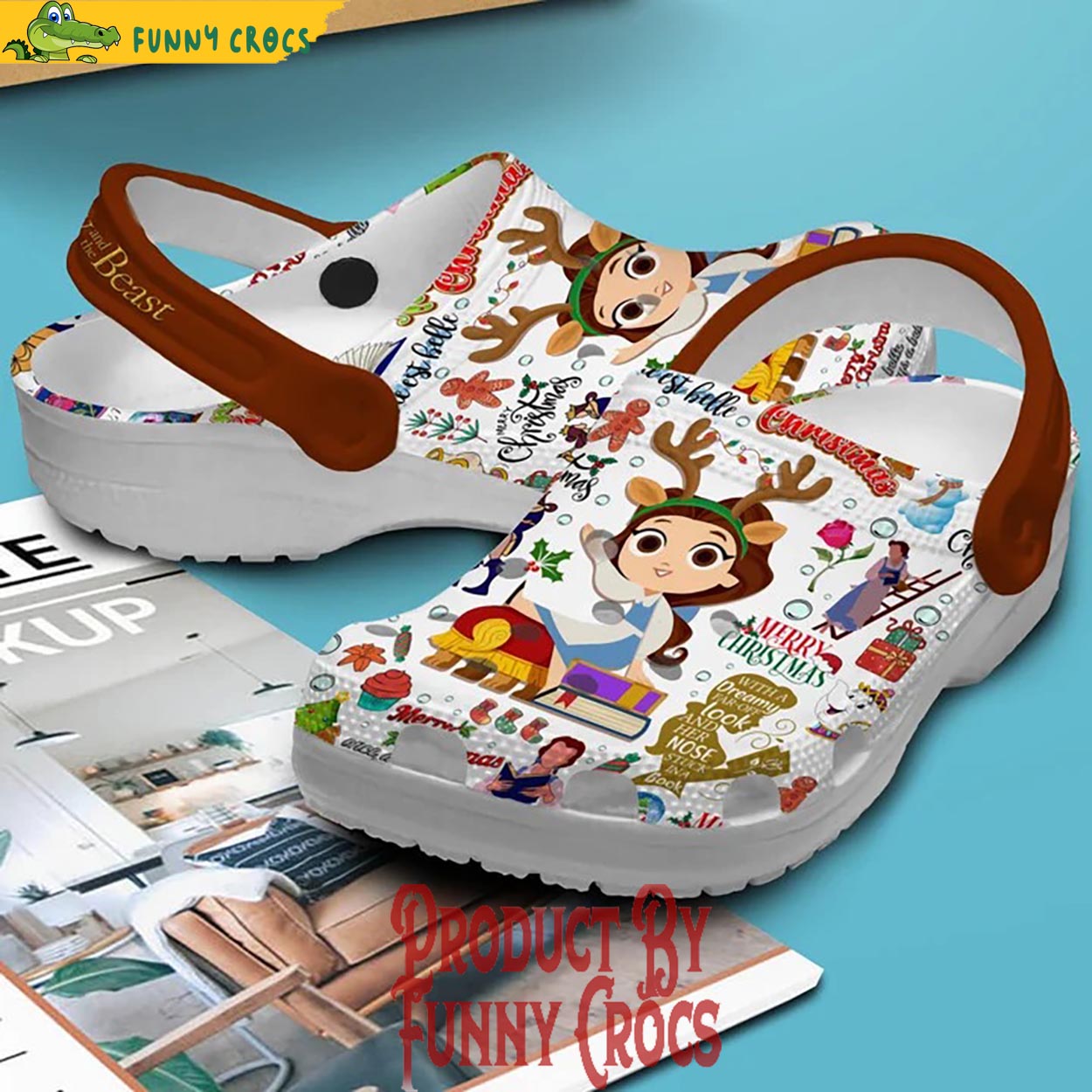Merchidea Beauty And The Beast Cartoon Merry Christmas Crocs Crocband Clogs Shoes Comfortable For Men Women and Kids