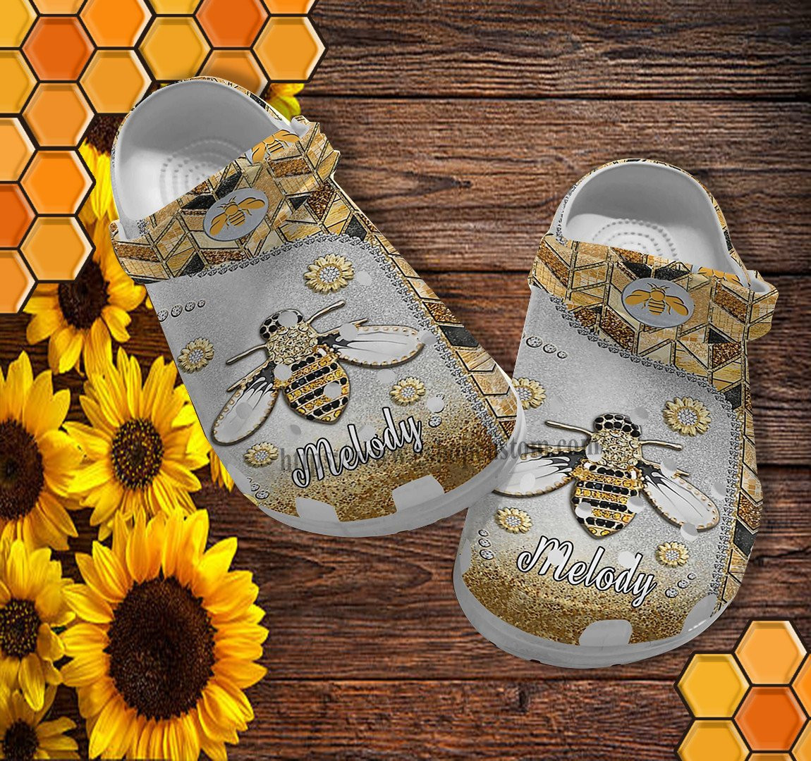 Merchidea Bee Metal Flower Twinkle Croc Shoes For Women- Bee Kind Hippie Shoes Croc Clogs Birthday Customize