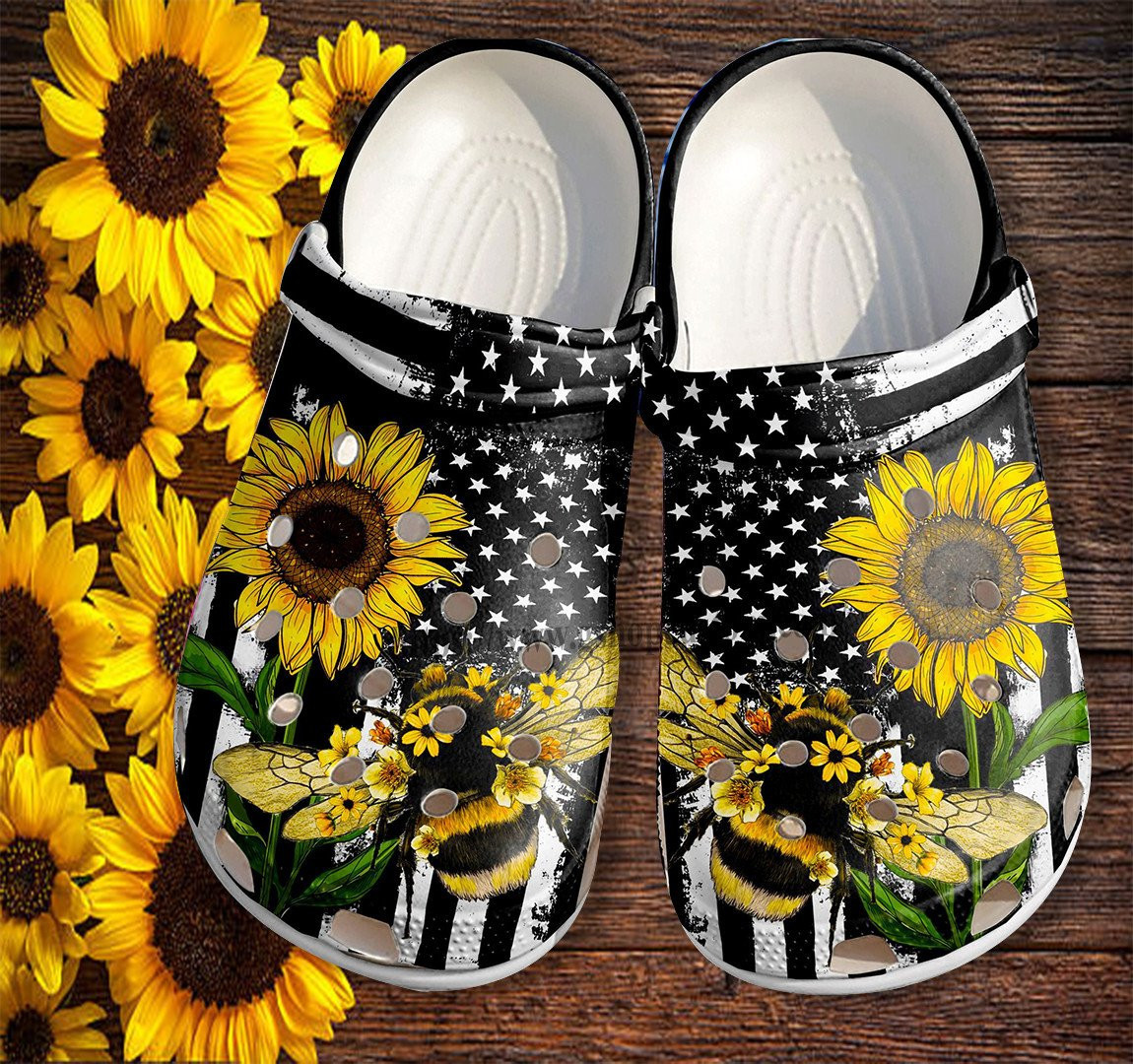 Merchidea Bee Sunflower America Flag Shoes Gift Women Mother Day- 4Th Of July Bee Kind Shoes Croc Clogs