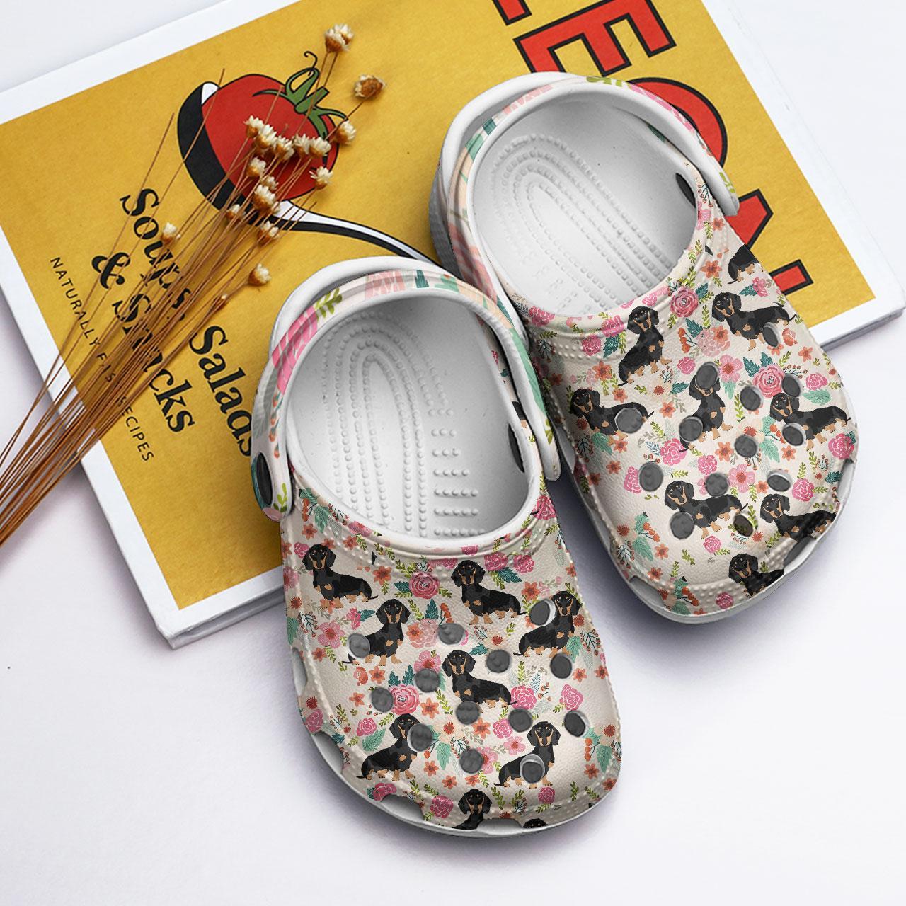 Merchidea Black Dachshund Floral Crocs Crocband Clogs Shoes Comfortable For Men Women and Kids